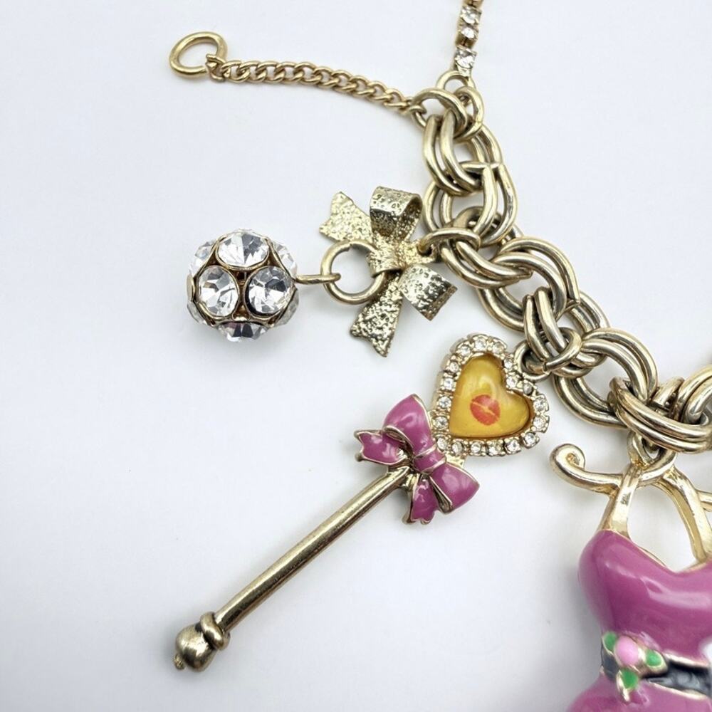 Betsey Johnson BROKEN Charm Bracelet Pink Heel Heart Wand Goldtone Crystal AS-IS - Picture 4 of 5
